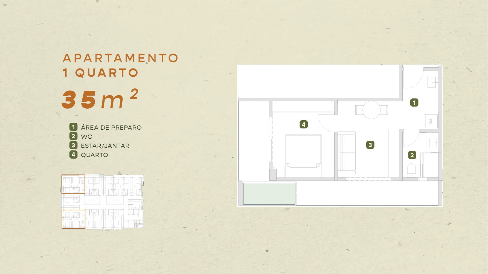 Planta do apartamento de 1 quarto com 35 m²