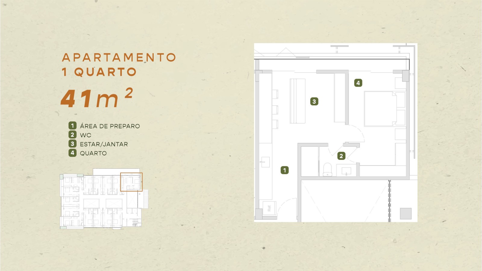 Planta do apartamento de 1 quarto com 41 m²